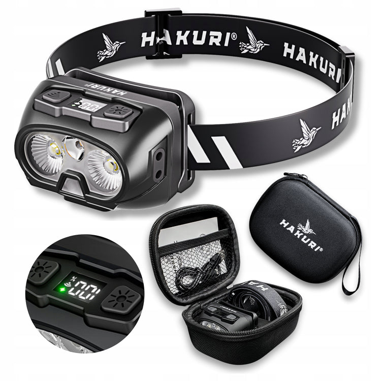 LED žibintuvėlis ant galvos „Hakuri Black Arc“ su ekranu, 600 lm, IPX6, su dėklu