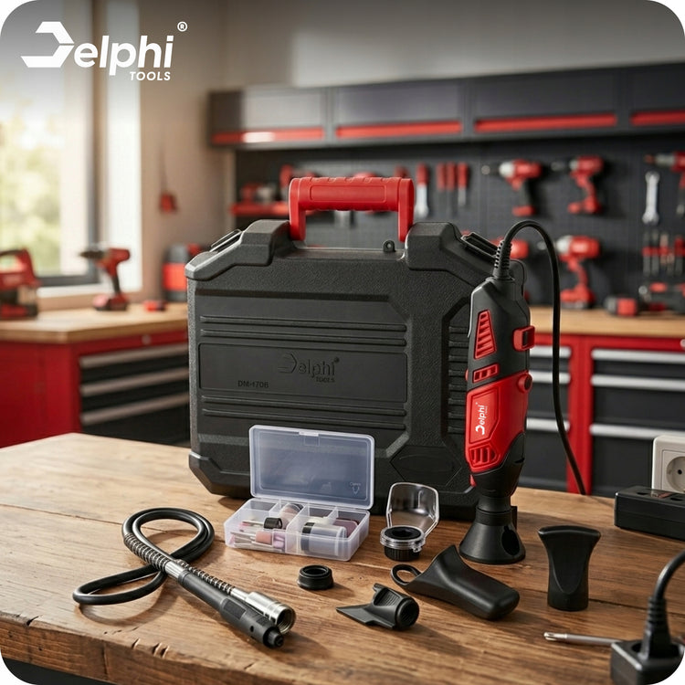 Daugiafunkcis mini šlifuoklis-graviruoklis „Delphi Tools“, 170 W, su XXL priedų rinkiniu