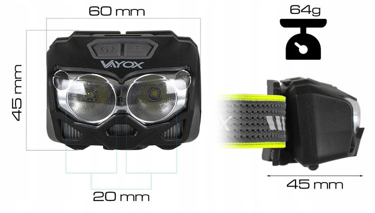 Įkraunamas LED žibintuvėlis ant galvos „Vayox“, 500 lm, USB-C, IPX6