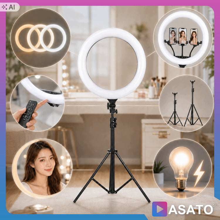 Didelė žiedinė LED lempa „Asato“ 45 cm, 240 W, su stovu ir pultu