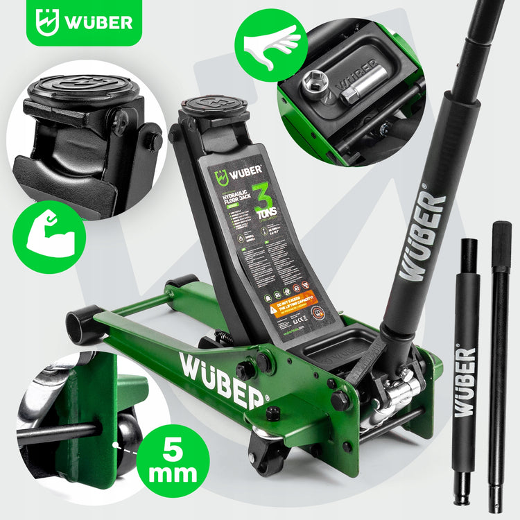 Žemo profilio dviejų stūmoklių domkratas „Wuber W22003“, 3 t, 75–505 mm