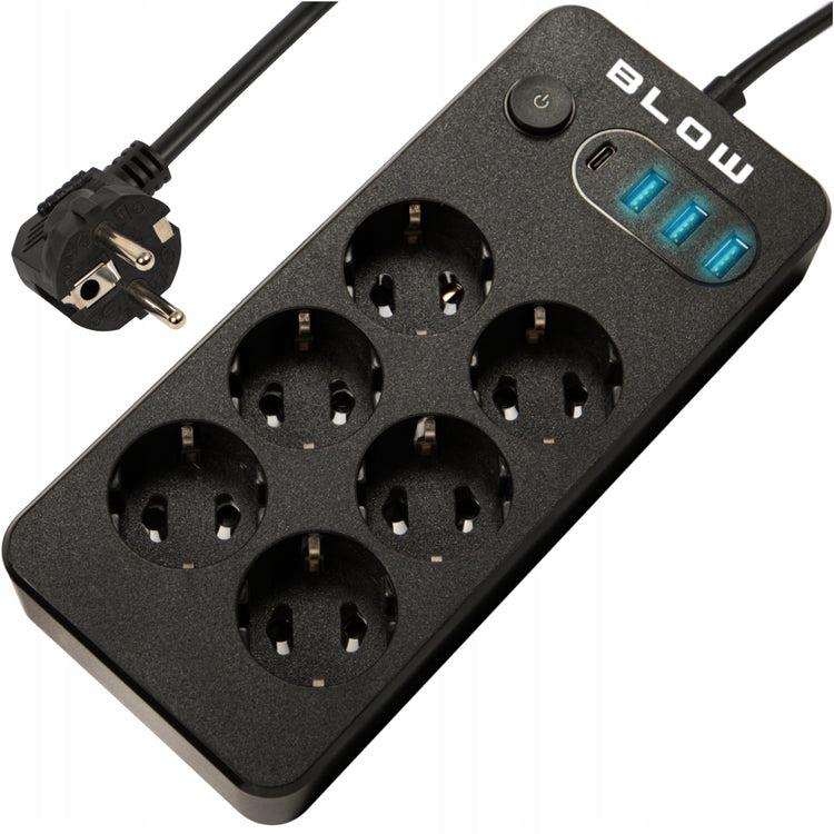 Ilgintuvas „Blow“ su jungikliu, 6 lizdai, 3× USB ir USB-C, 2 m, juodas