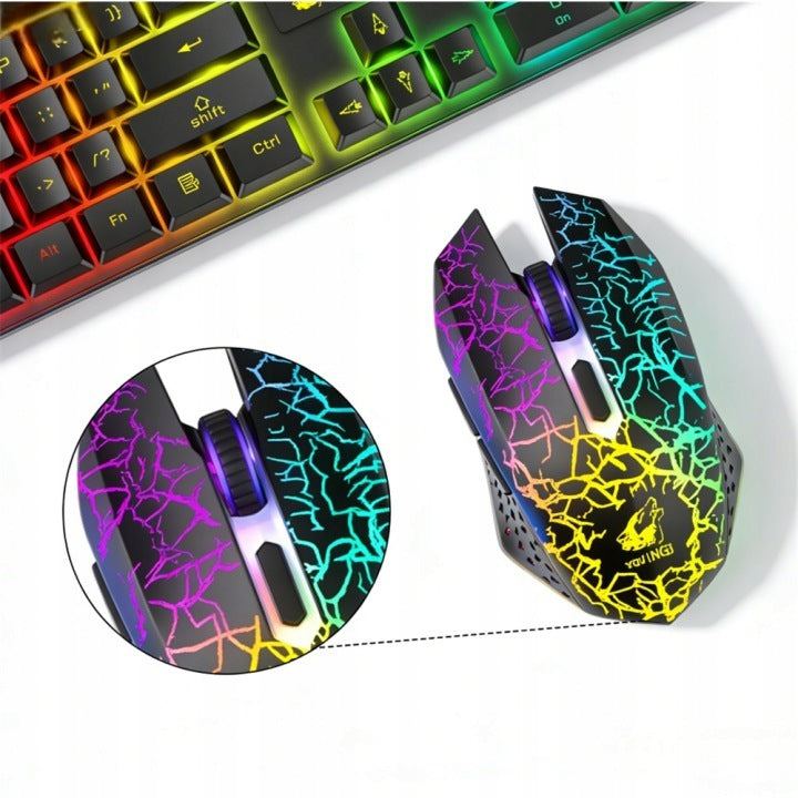 Belaidė mechaninė klaviatūra ir žaidimų pelė su LED apšvietimu, 2,4 GHz
