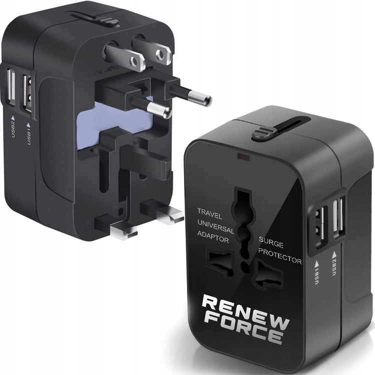 Kelioninis adapteris „Renew Force“ su 2 USB lizdais, EU / UK / US / AUS