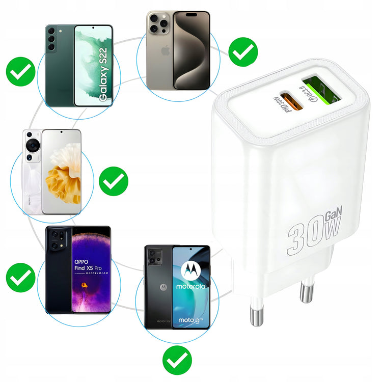 GaN tinklo įkroviklis „Matnox“ 30 W, USB + USB-C, PD 3.0, QC 3.0
