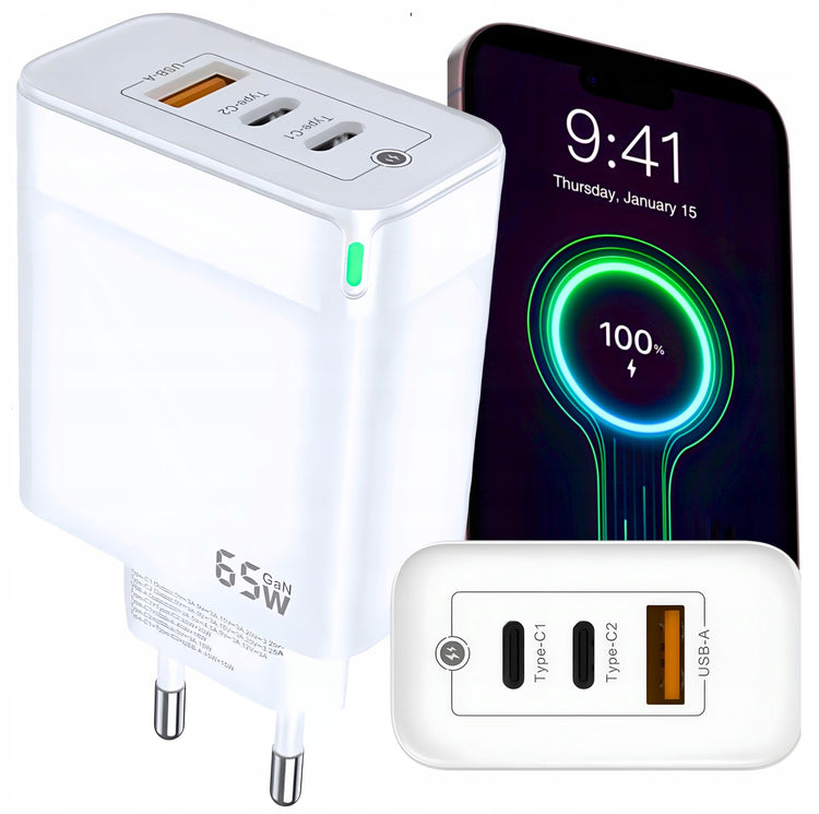 Greitasis GaN įkroviklis 65 W su 2 USB-C ir USB-A bei USB-C laidu