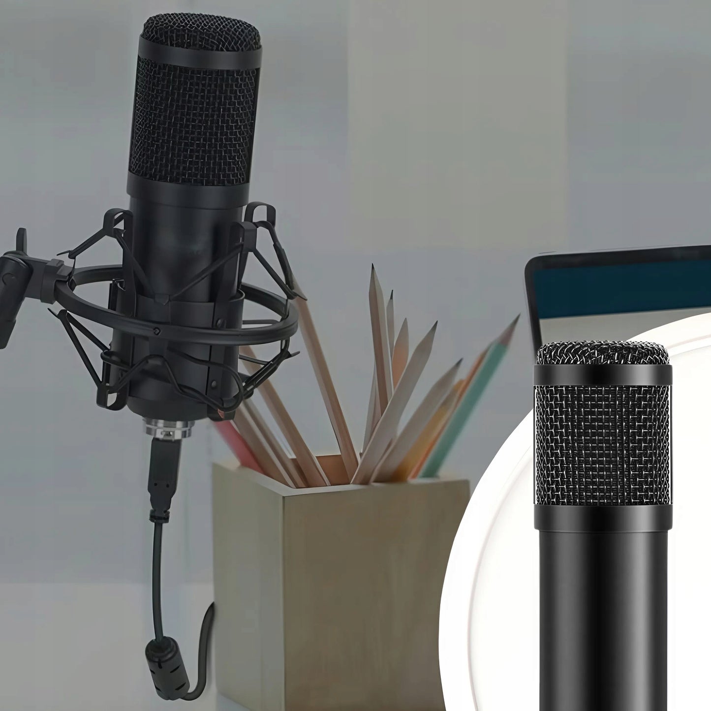 Studijinis mikrofonas su stovu, filtru ir pilnu priedų komplektu – USB / Jack jungtis