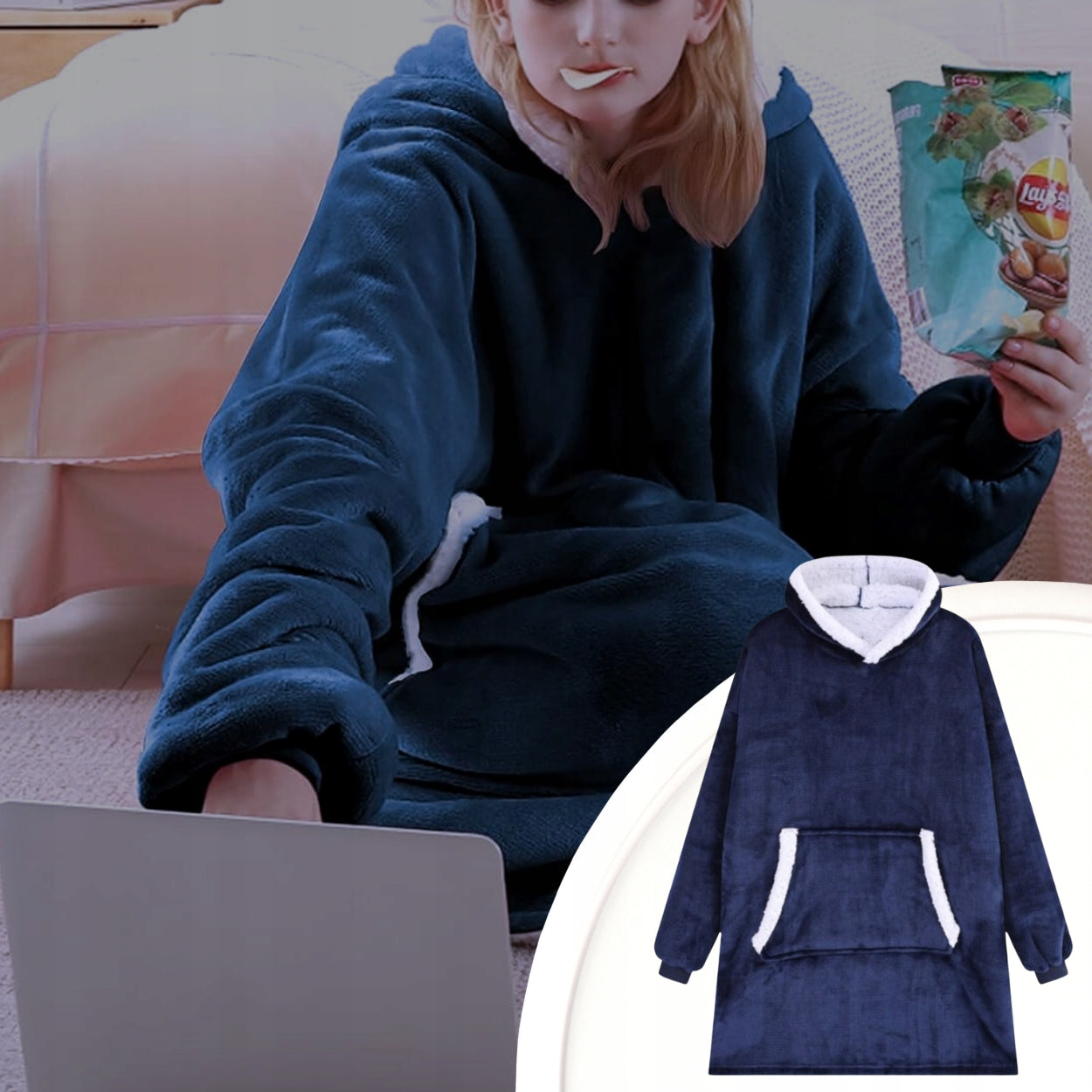 Šiltas hood`is- džemperis – pledas 2in1 | NAVY mėlynas