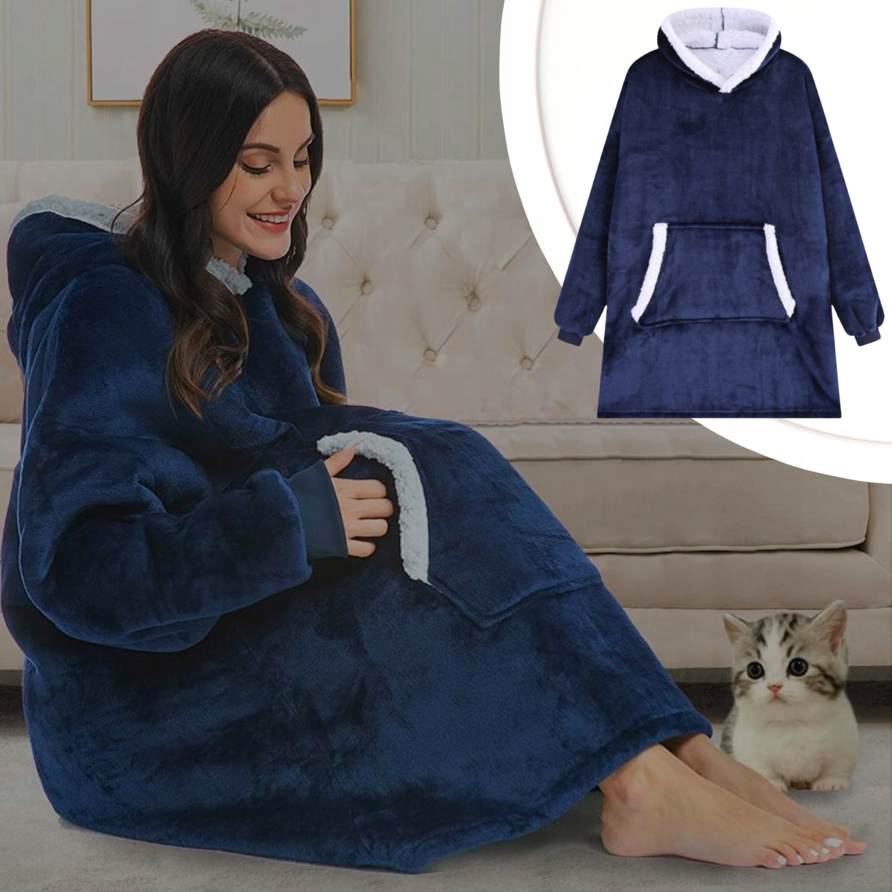 Šiltas hood`is- džemperis – pledas 2in1 | NAVY mėlynas