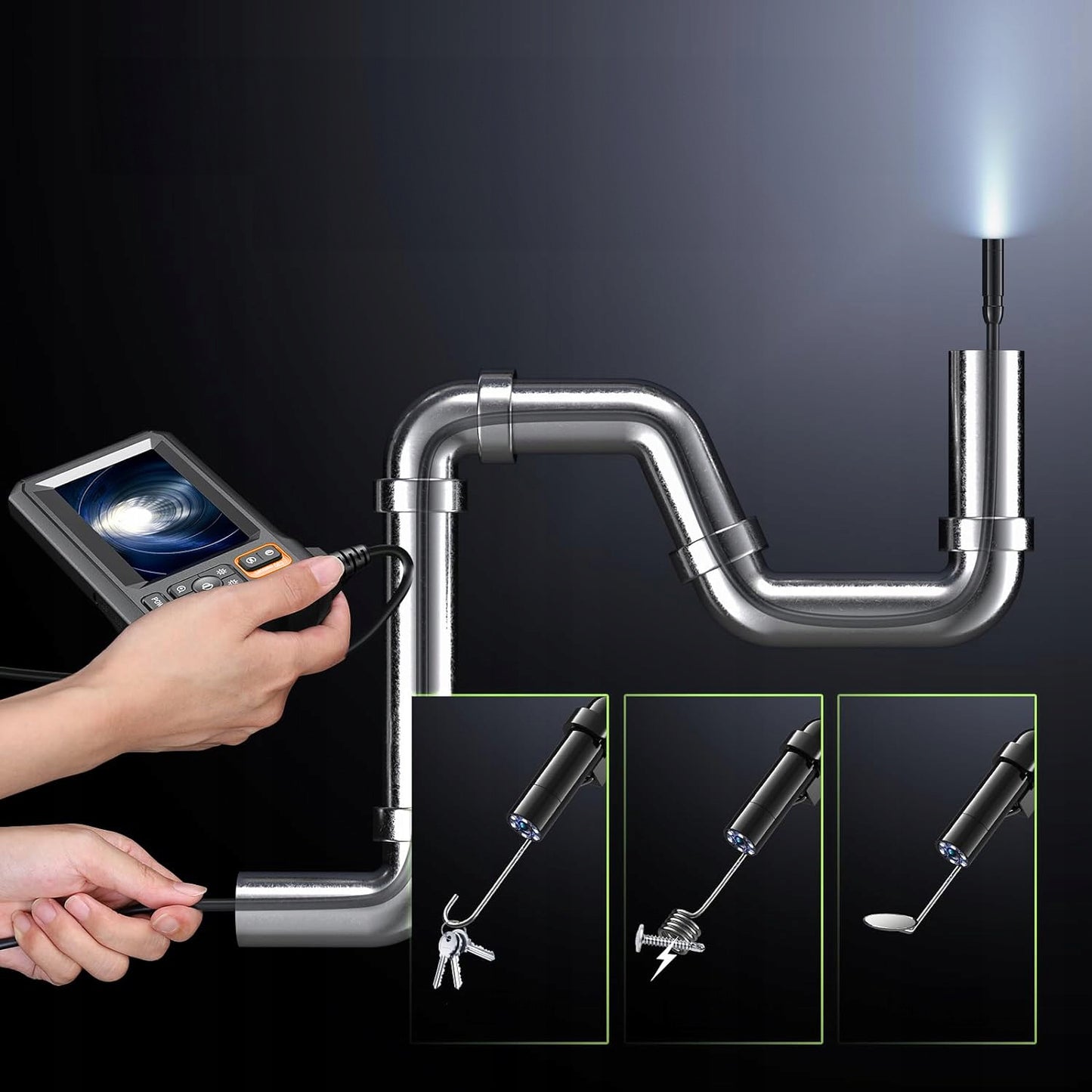Endoskopinė inspekcinė kamera Full HD su 4.3" ekranu, 5 m kabeliu