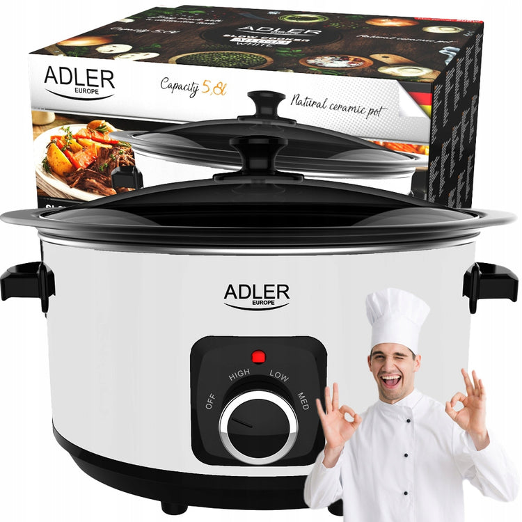 Lėto virimo puodas „Adler AD6413W“, 5,8 l, baltas