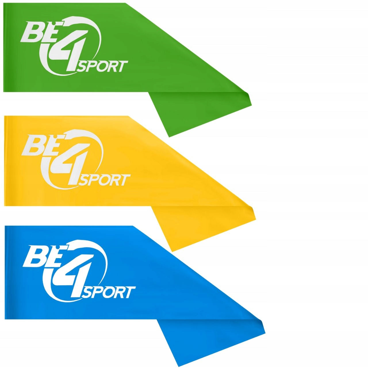 3 vnt. pasipriešinimo juostų rinkinys Be4Sport – plokščios reabilitacinės treniruočių juostos 2 m (pasipriešinimas 9–15 kg)