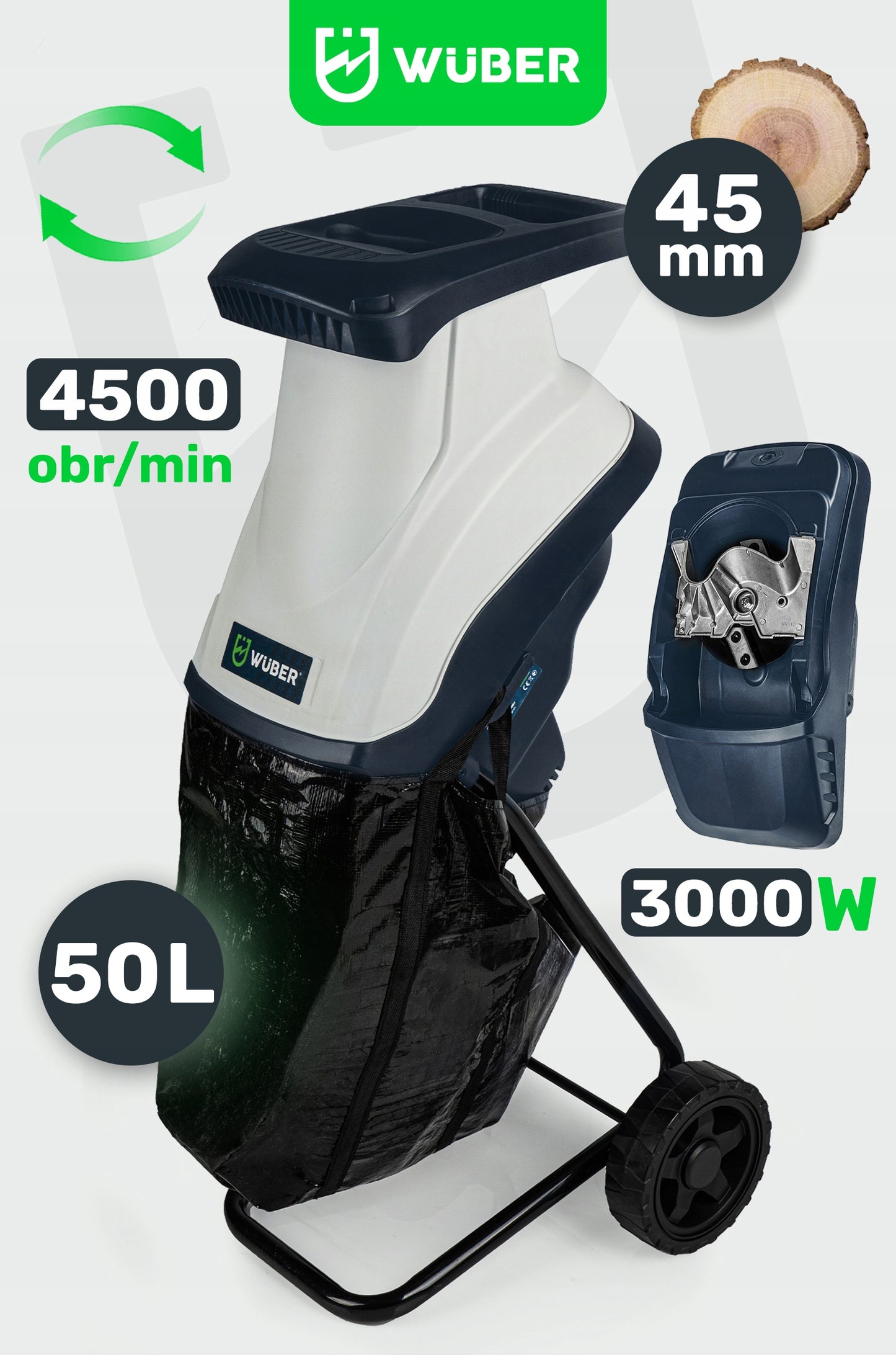 Elektrinis sodo šakų smulkintuvas su 50l talpa Wuber 3000w