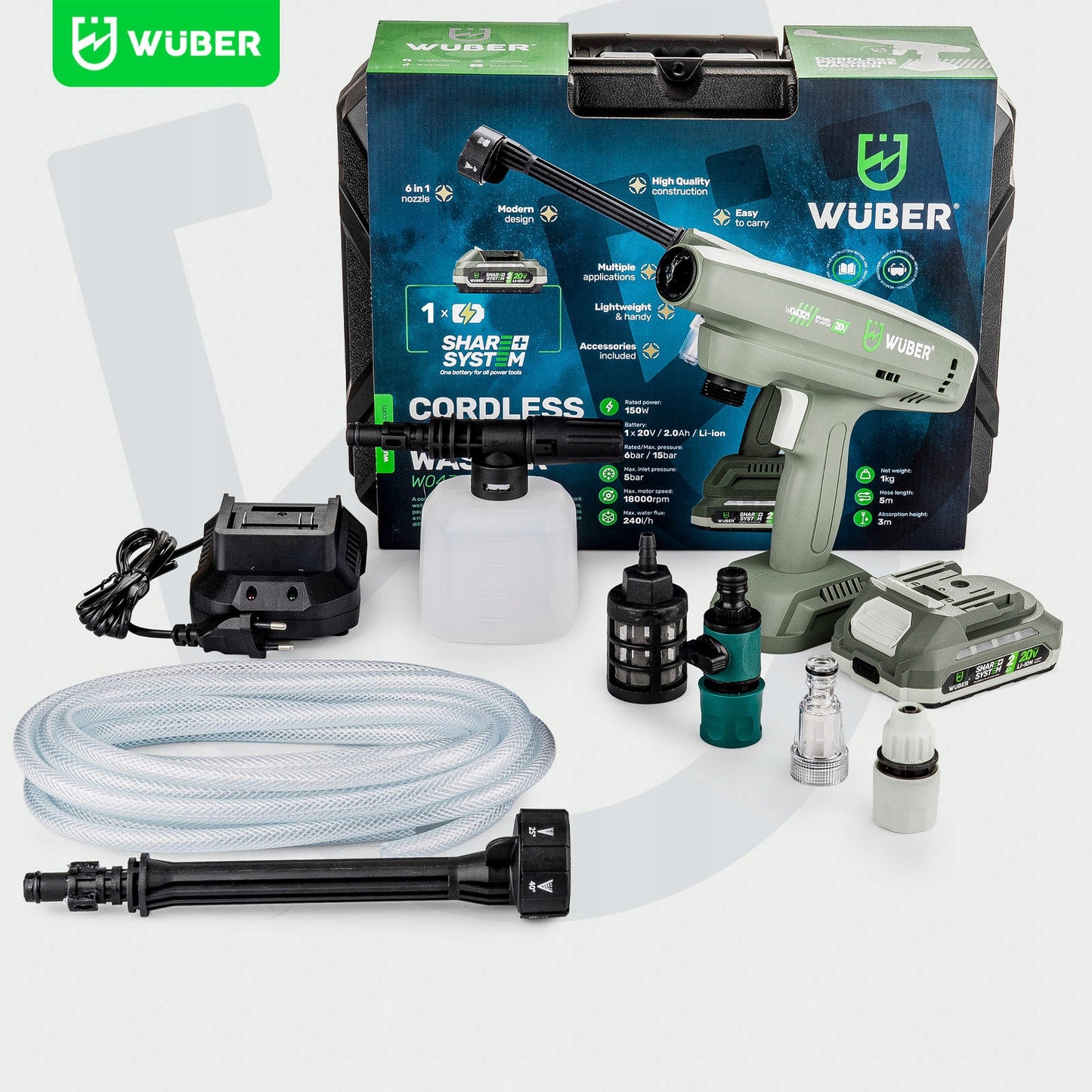 Belaidis aukšto slėgio plovimo įrenginys Wuber Share+System 20V (su akumuliatoriumi ir priedais)