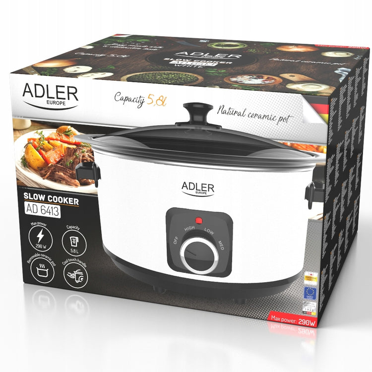 Lėto virimo puodas „Adler AD6413W“, 5,8 l, baltas