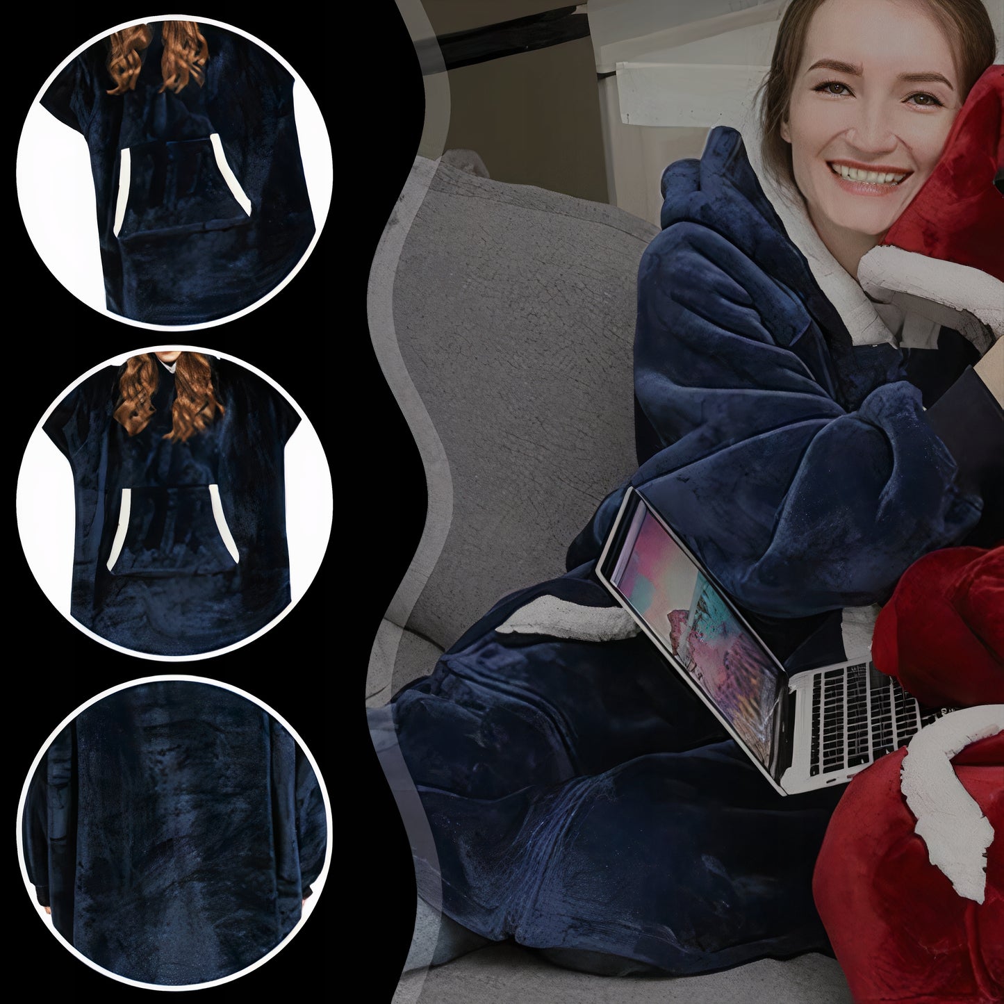 Šiltas hood`is- džemperis – pledas 2in1 | NAVY mėlynas