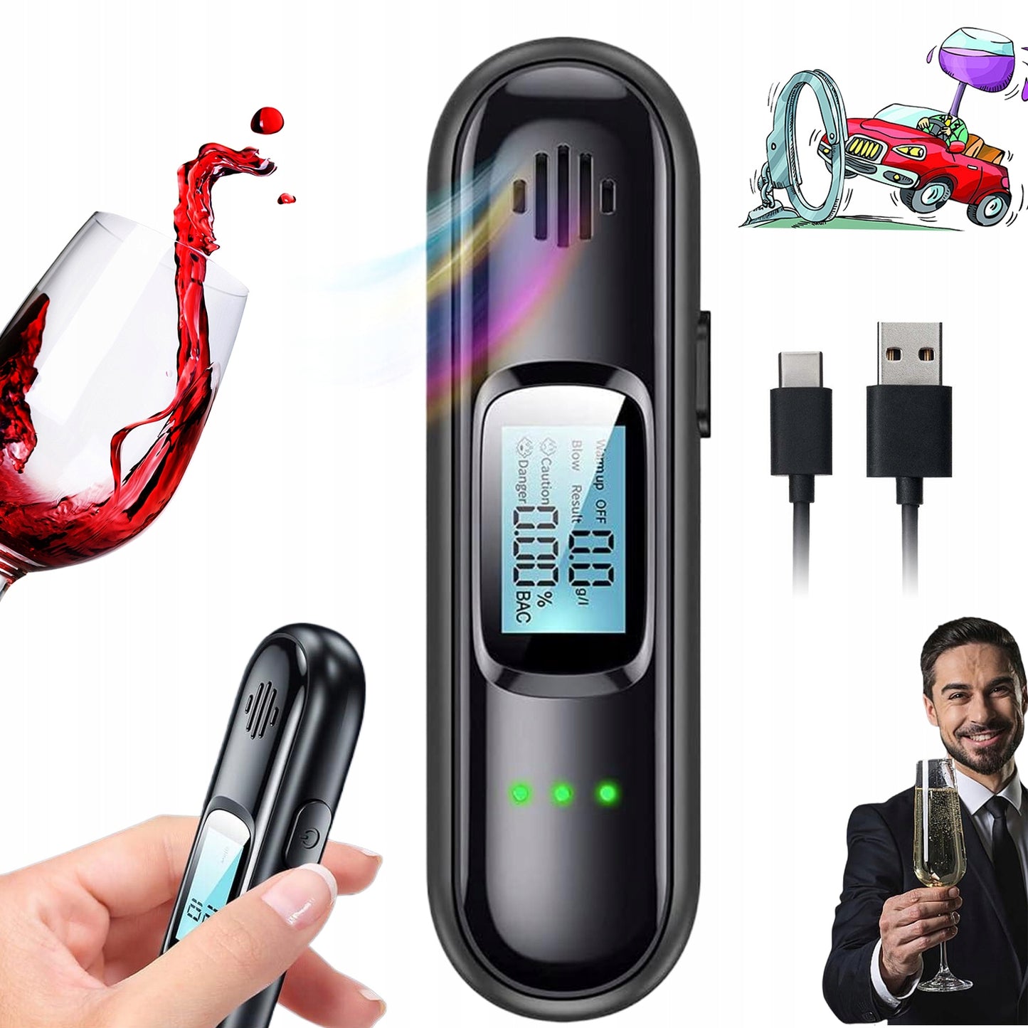 Bekontaktis elektroninis alkotesteris – kompaktiškas, tikslus ir įkraunamas (200 mAh)