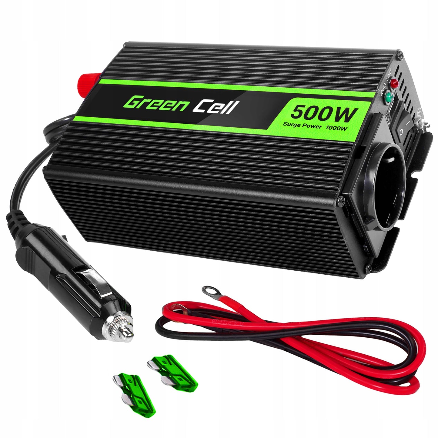 Automobilinis įtampos keitiklis (inverteris) 12v → 230v, 500w / 1000w, modifikuota sinuso banga, su USB – Green Cell