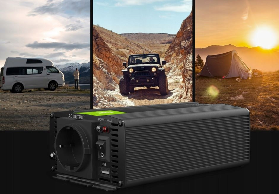 Automobilinis įtampos keitiklis (inverteris) 12v → 230v, 500w / 1000w, modifikuota sinuso banga, su USB – Green Cell