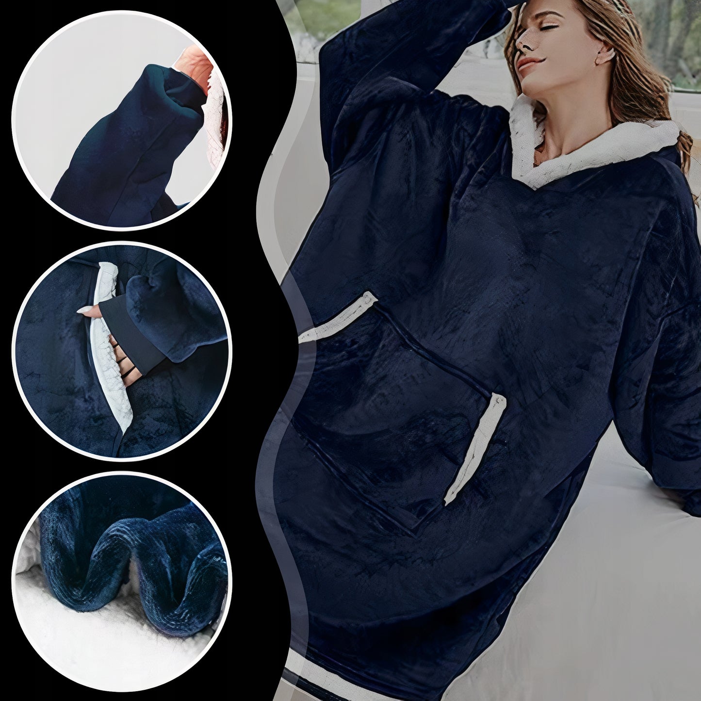 Šiltas hood`is- džemperis – pledas 2in1 | NAVY mėlynas