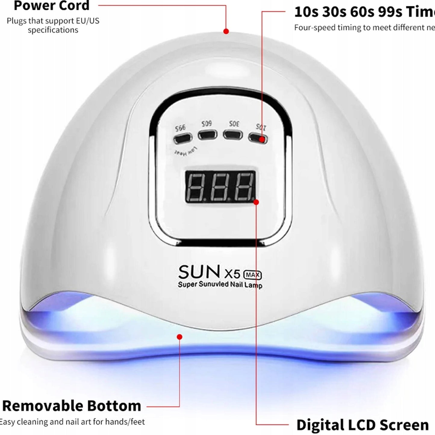UV/LED nagų lempa SUN X5 MAX – 180 W galia, 57 LED diodai, LCD ekranas