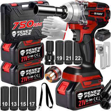 Akumuliatorinis smūginis veržliaraktis RENEW FORCE® 21V 750 Nm BRUSHLESS su 2 akumuliatoriais (4.0Ah) ir lagaminu