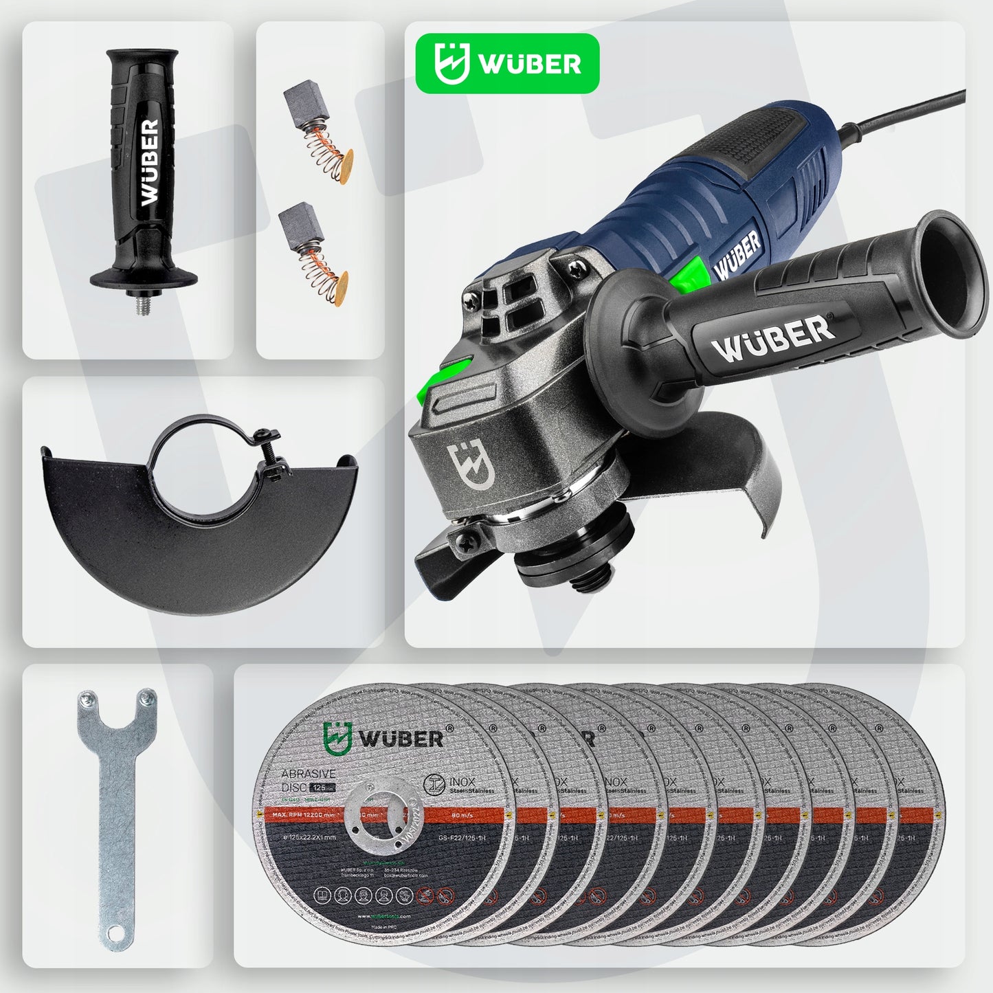 Kampinis šlifuoklis Wuber 125mm 1500w + 10 pjovimo diskų