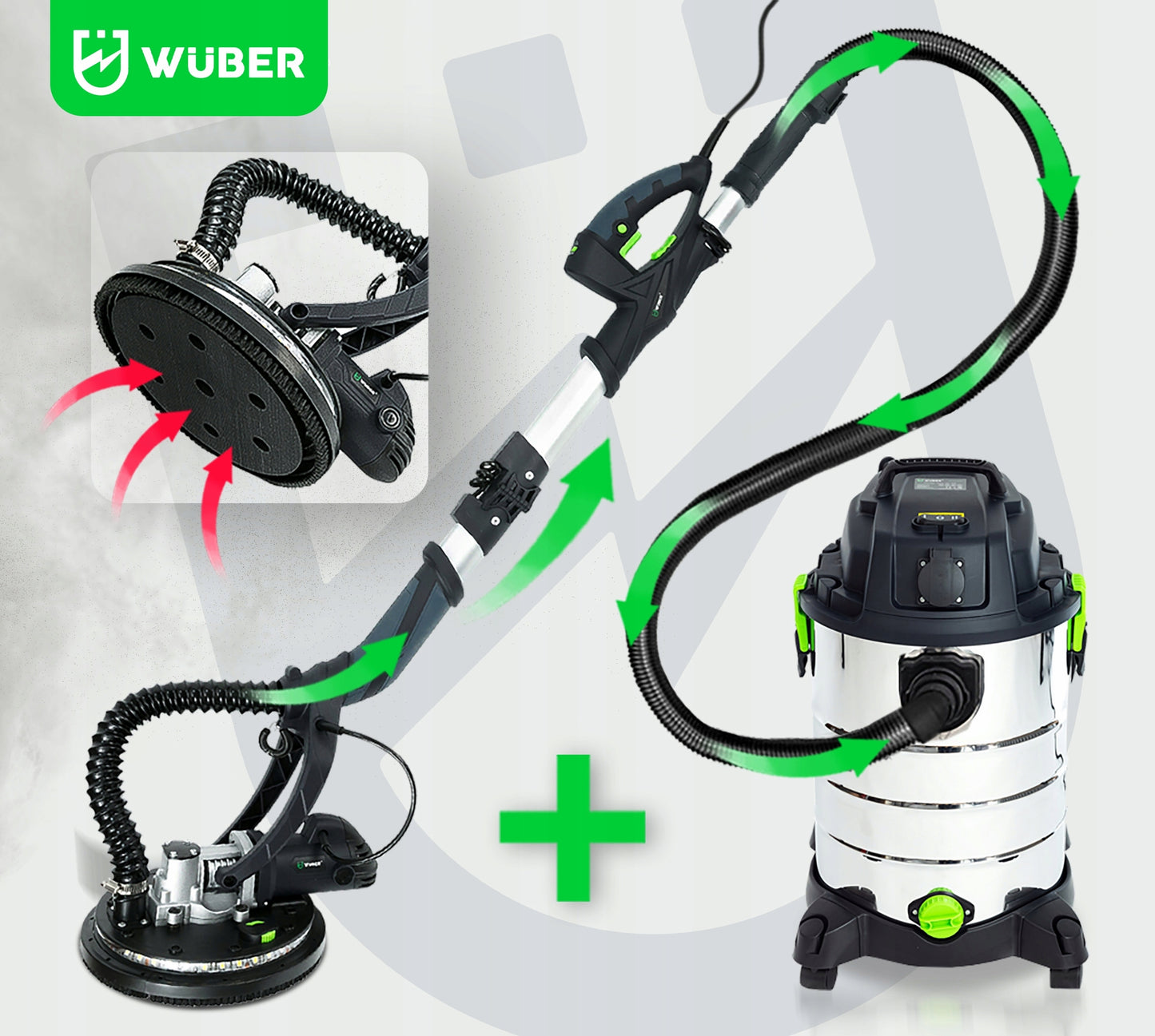 WUBER 1500W Gipskartonio šlifuoklis su dvigubu LED apšvietimu + 2300W pramoninis dulkių siurblys