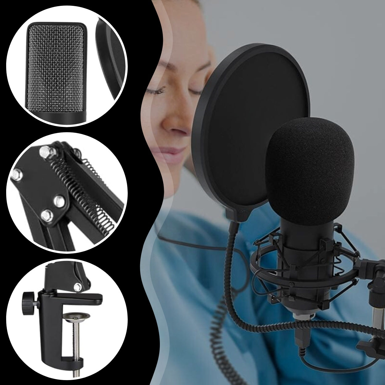Studijinis mikrofonas su stovu, filtru ir pilnu priedų komplektu – USB / Jack jungtis