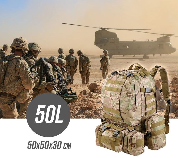 Taktinė kuprinė su 3 nuimamais krepšiais, 50 l
