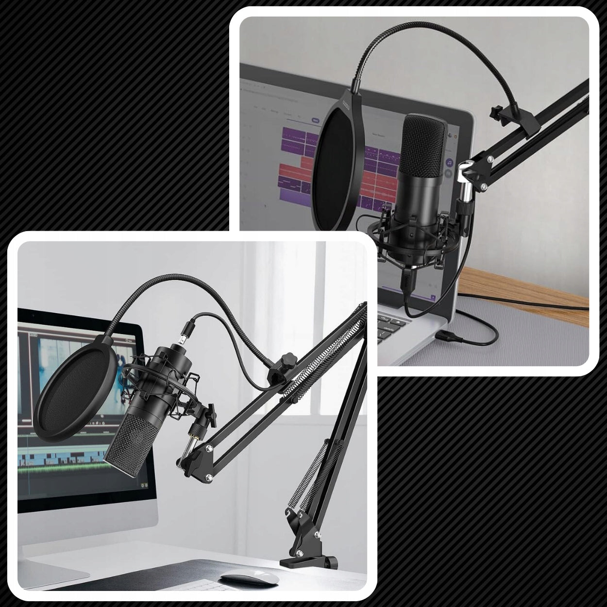 Studijinis mikrofonas su stovu, filtru ir pilnu priedų komplektu – USB / Jack jungtis