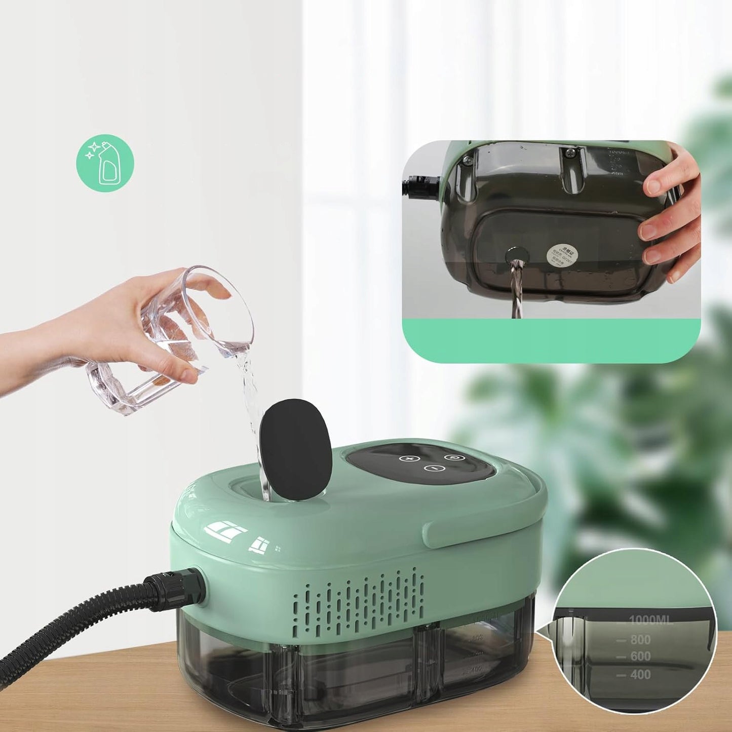 Galingas 2500W garų valytuvas langams ir paviršiams su 3 šepetėliais – 1000ML talpa