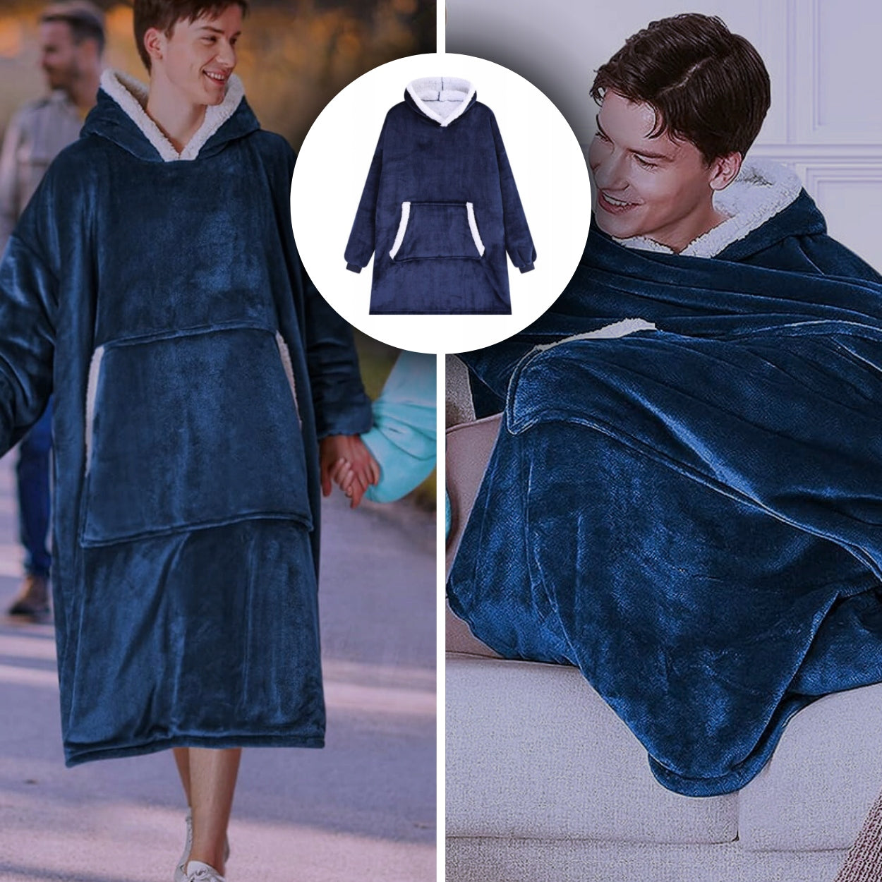 Šiltas hood`is- džemperis – pledas 2in1 | NAVY mėlynas