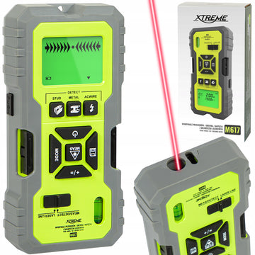 Detektorius 5in1 su medienos, metalo, įtampos laidų aptikimu ir lazeriniu atstumo matuokliu Xtreme M617