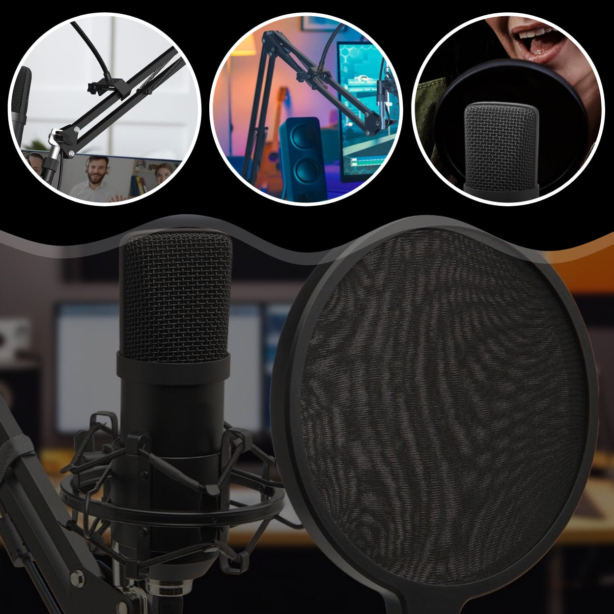 Studijinis mikrofonas su stovu, filtru ir pilnu priedų komplektu – USB / Jack jungtis