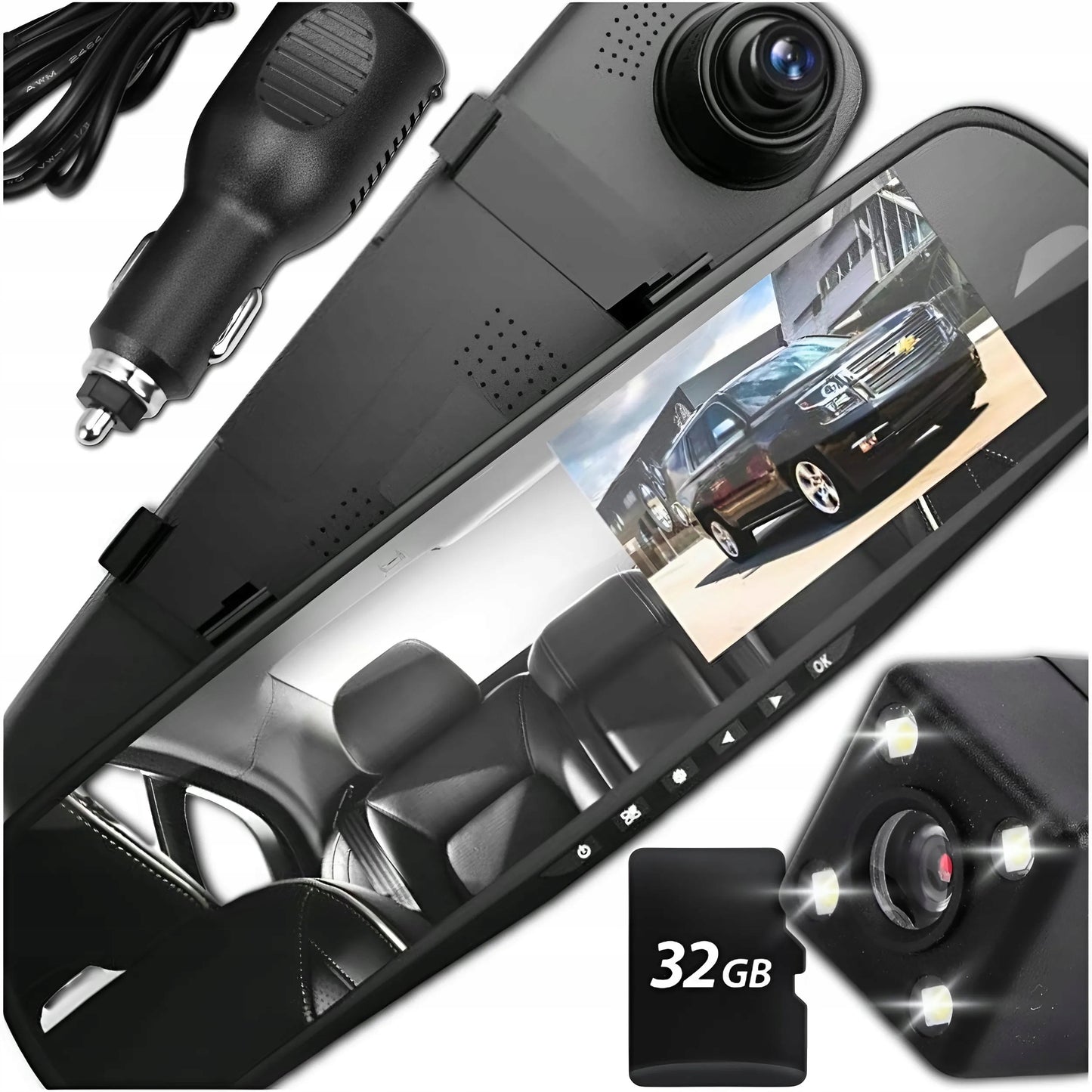 Vaizdo registratorius veidrodėlyje su priekine ir galine kamera – Full HD + 32 GB kortelė