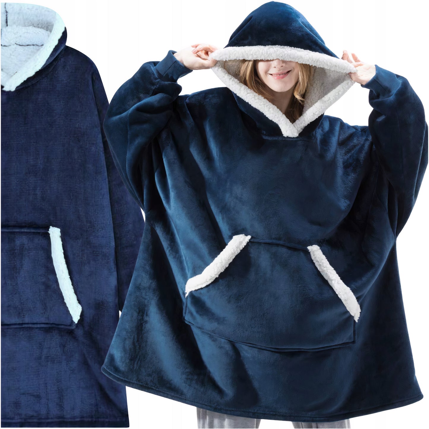 Šiltas hood`is- džemperis – pledas 2in1 | NAVY mėlynas