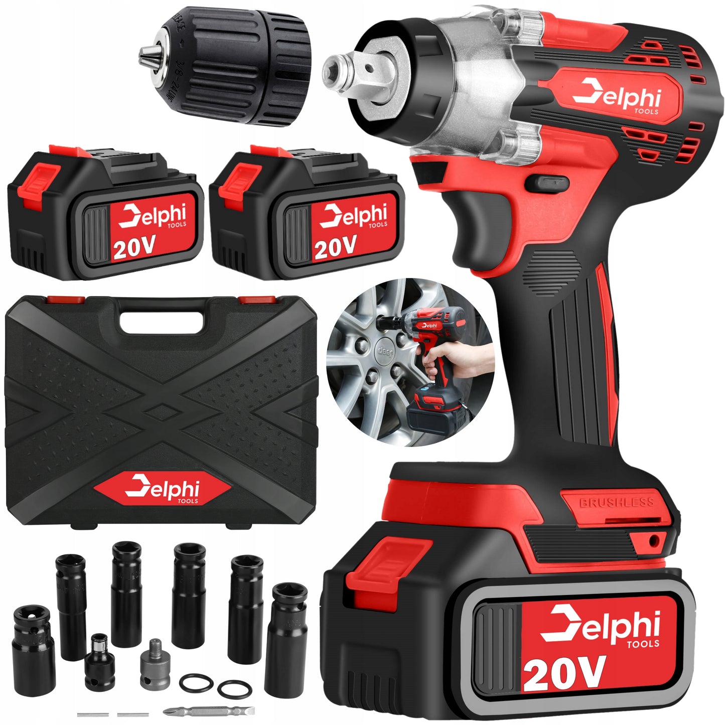 Akumuliatorinis bešepetėlinis smūginis raktas „Delphi Tools“ 20V, 1/2", 2 akumuliatoriai