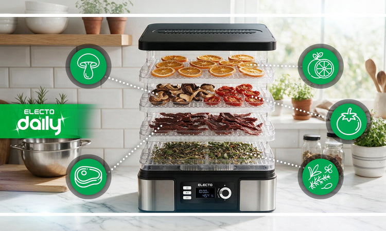 Maisto džiovyklė su laikmačiu ir termoventiliacija, 15 l, 500 W, 6 lentynos – nuotrauka 3