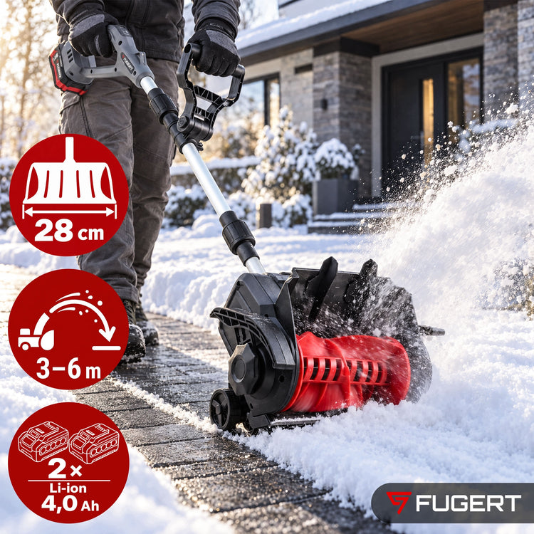 Bešepetėlinis akumuliatorinis sniego valytuvas „Fugert“ 2×4 Ah, 28 cm
