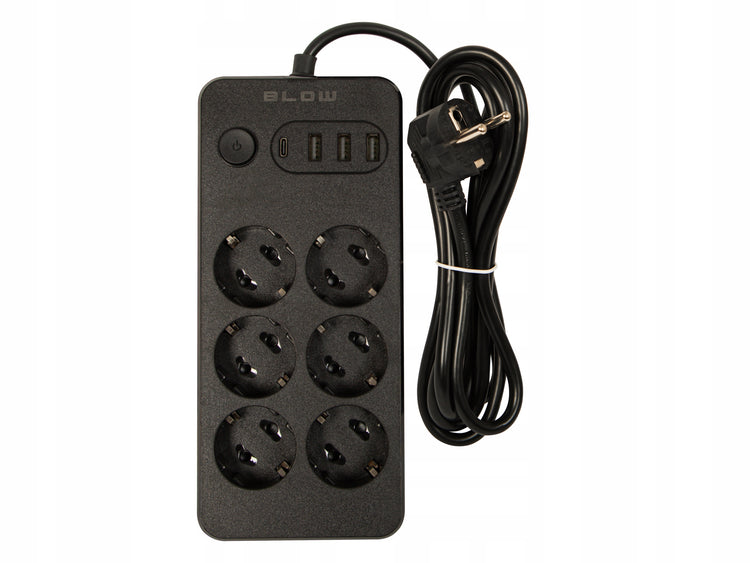 Ilgintuvas „Blow“ su jungikliu, 6 lizdai, 3× USB ir USB-C, 2 m, juodas