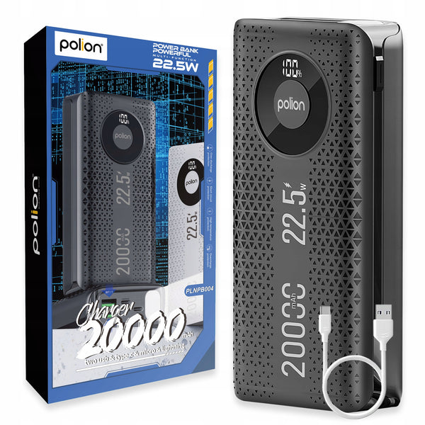 Išorinė baterija „Polion“ 20000 mAh, 22,5 W, PD 3.0 ir QC 3.0, USB-C/USB-A