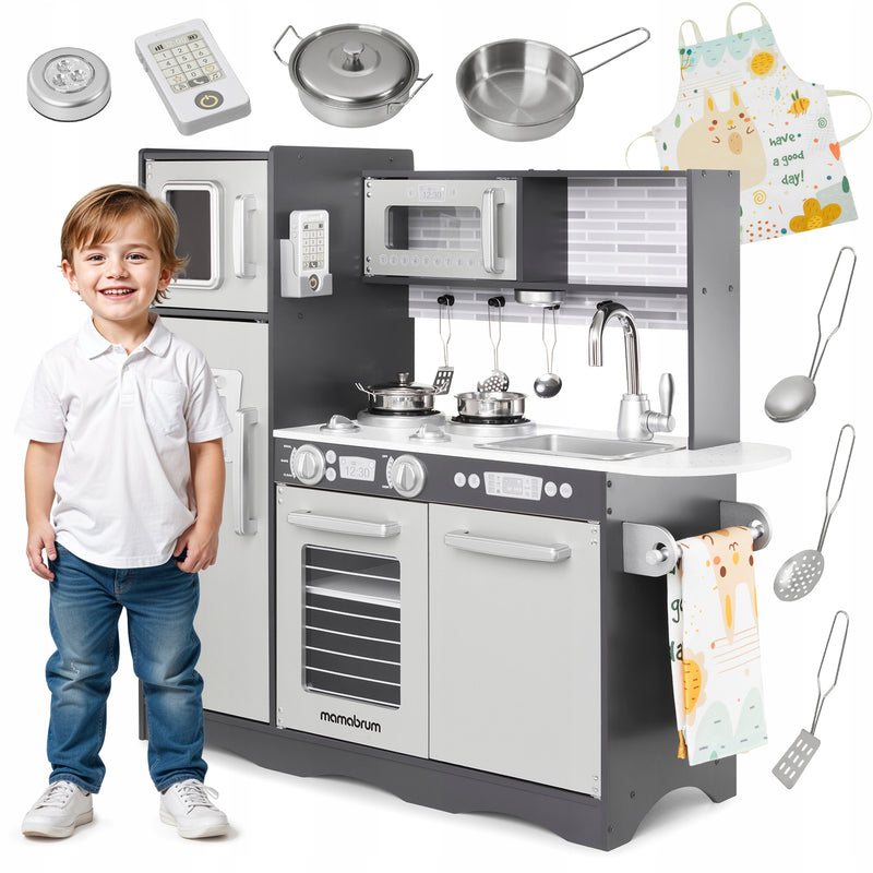 Didelė medinė vaikiška virtuvėlė „Mamabrum W1C600“ su LED ir kaitlente, 92 cm