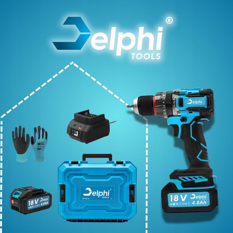 Akumuliatorinis smūginis gręžtuvas-suktuvas „Delphi Tools“, 18 V, 90 Nm, 4 Ah