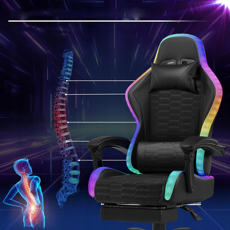 Žaidimų kėdė „LAZYhome“ su masažu, LED ir atrama kojoms, eko oda – nuotrauka 4