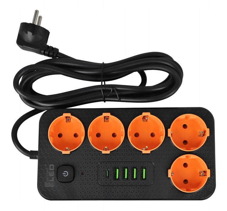 Ilgintuvas „Smartled“, 5 lizdai, USB, 3 m, juodas