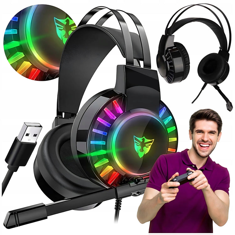 Žaidimų ausinės su mikrofonu „Lewer“, RGB apšvietimas, laidinės