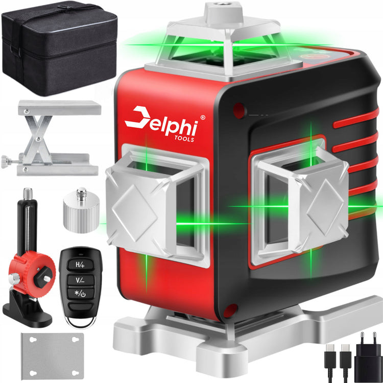 Lazerinis nivelyras „Delphi Tools“ 4D, 16 žalių linijų, su USB-C akumuliatoriumi