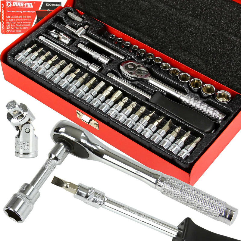 Galvučių ir antgalių rinkinys 1/4“ su terkšliu, 42 dalys, 4–14 mm