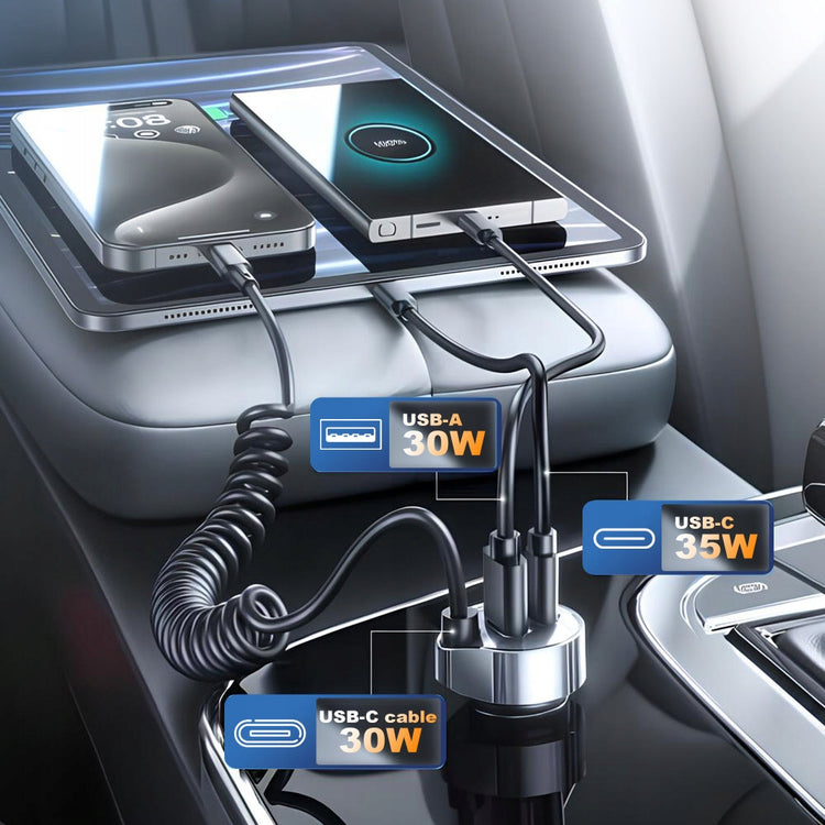 Automobilinis kroviklis „Polion“ 65 W: USB-A + 2× USB-C, QC 3.0, PD, su laidu